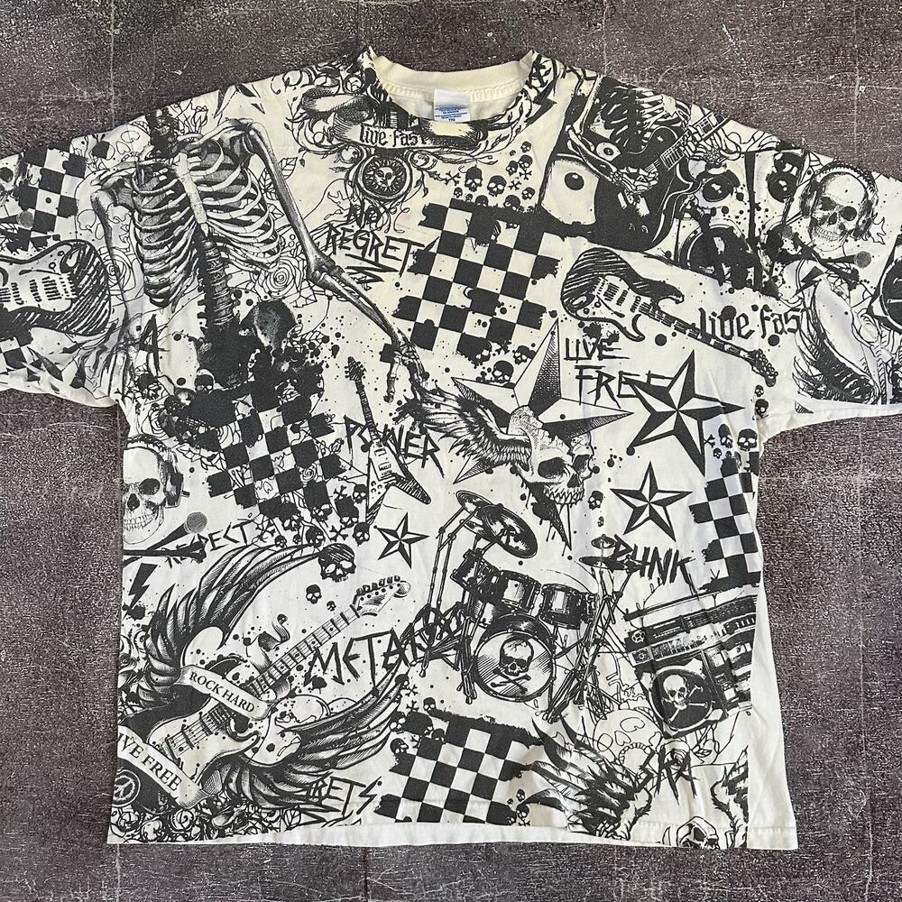 Mens Vintage Y2K Live Fast Live Free All Over Print Punk Band T Shirt Tee Sz 2XL